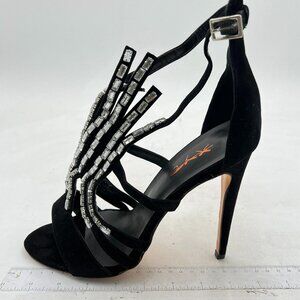 XYD Black Crystal Open Toe Strappy Ankle Strap High Heel Strappy Evening Sandal